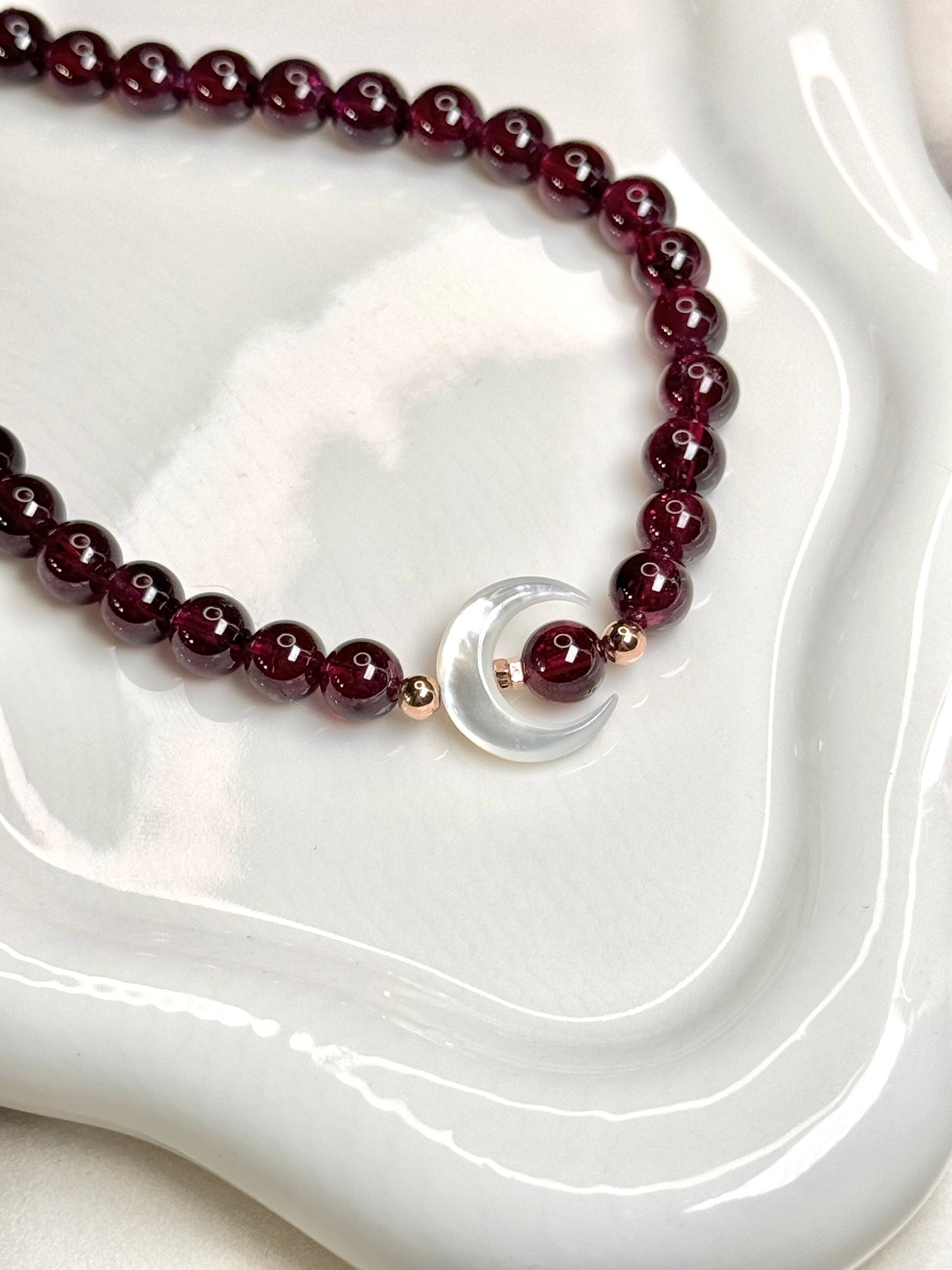 New Moon Garnet Necklace with Mother of Pearl Moon