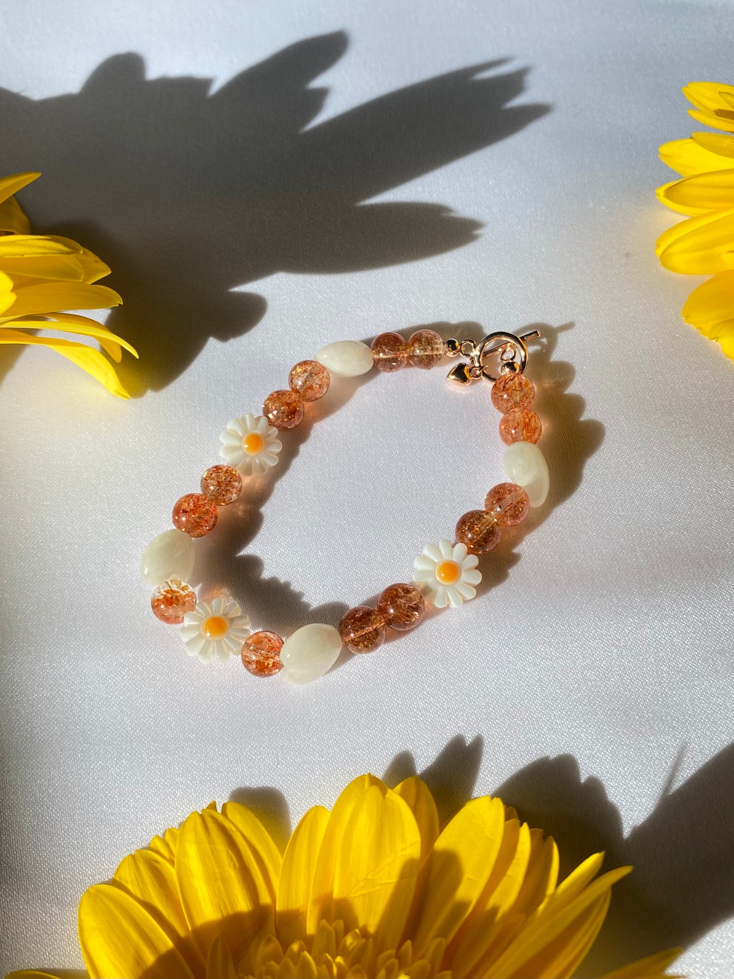 High Quality Oligoclase Sunstone with Flower Mother of Pearl Bracelet