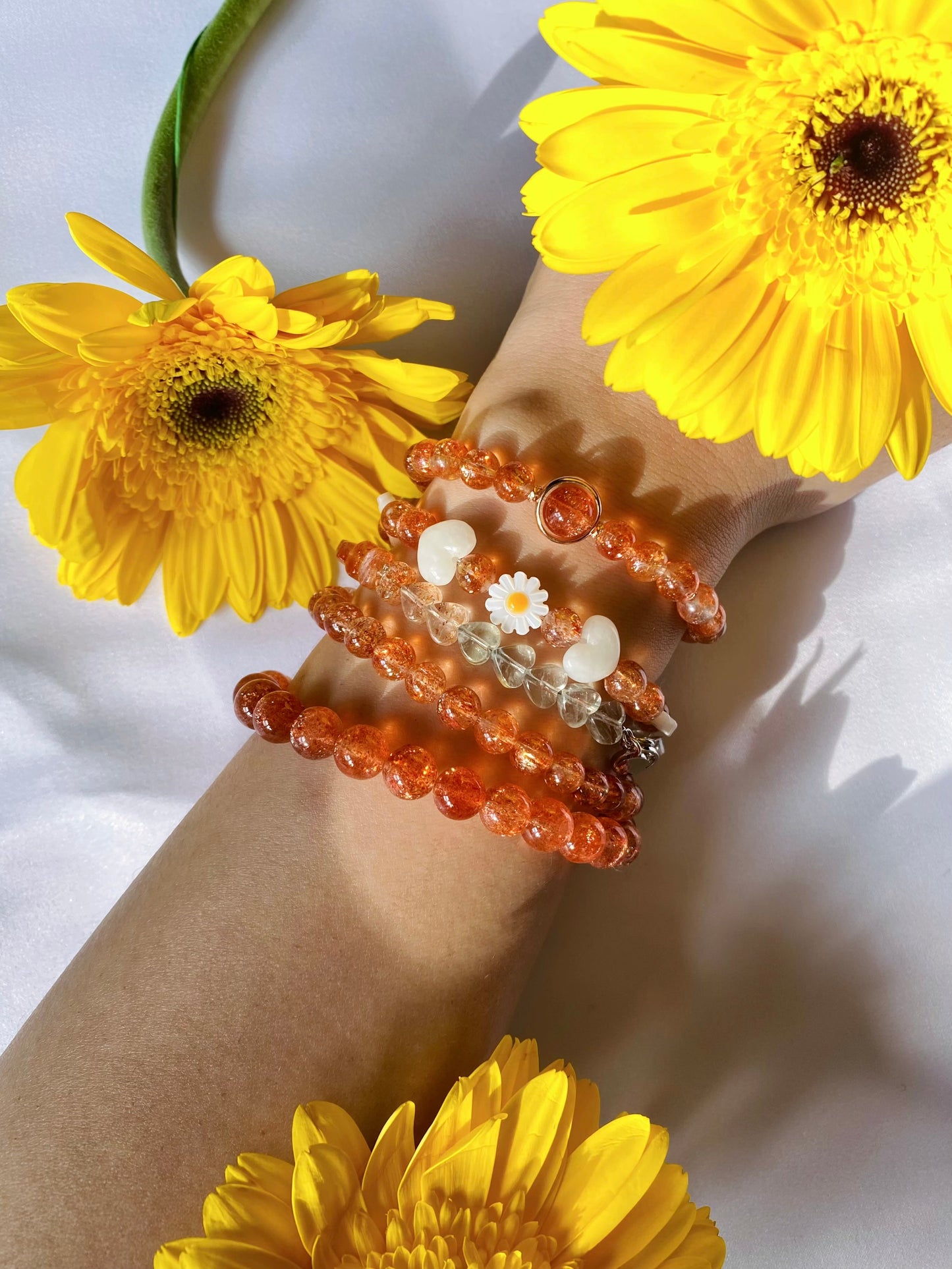 High Quality Oligoclase Sunstone with Flower Mother of Pearl Bracelet