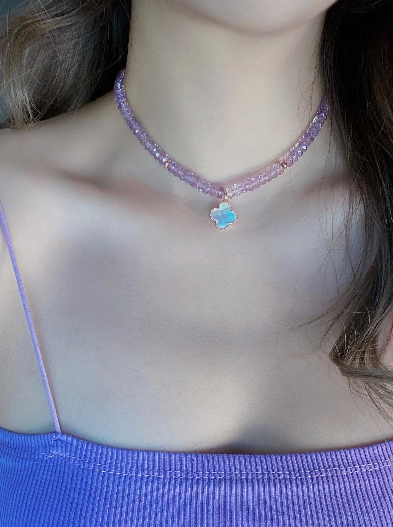 玫瑰紫水晶項鍊配母貝吊墜