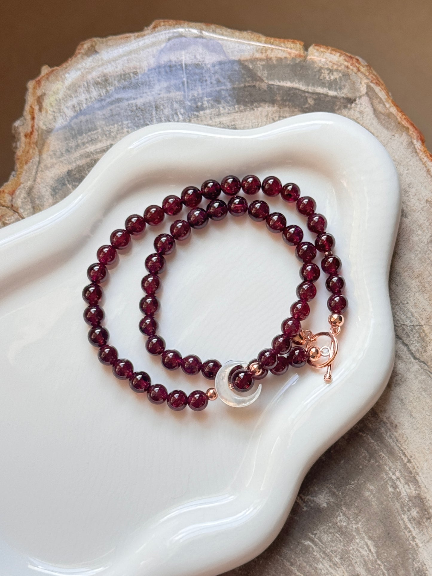 New Moon Garnet Necklace with Mother of Pearl Moon