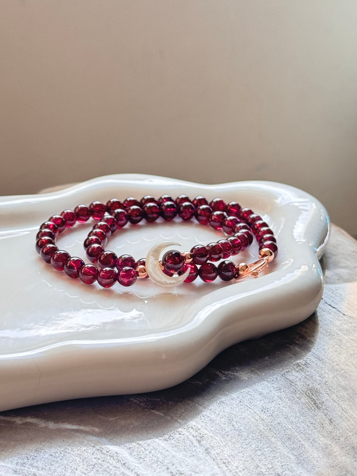New Moon Garnet Necklace with Mother of Pearl Moon